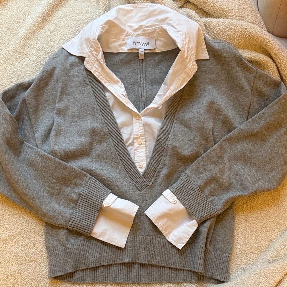 10 Crosby Derek Lam Gray V-Neck Sweater with White Collar